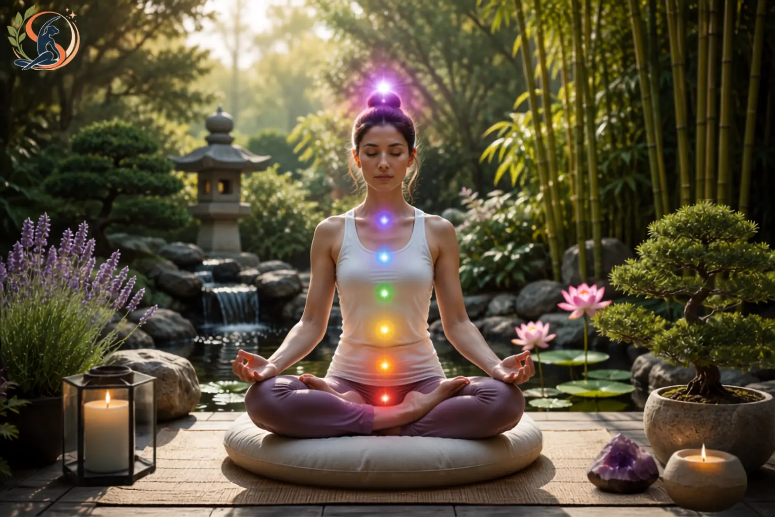 Person meditating peacefully with a soft glow of light above the crown of the head
