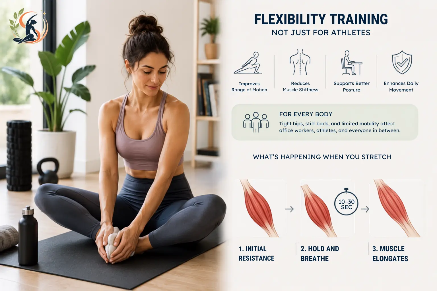 Woman practicing a butterfly stretch on a yoga mat with minimal flexibility icons, highlighting improved mobility, muscle elongation, and full range of motion in a bright fitness studio