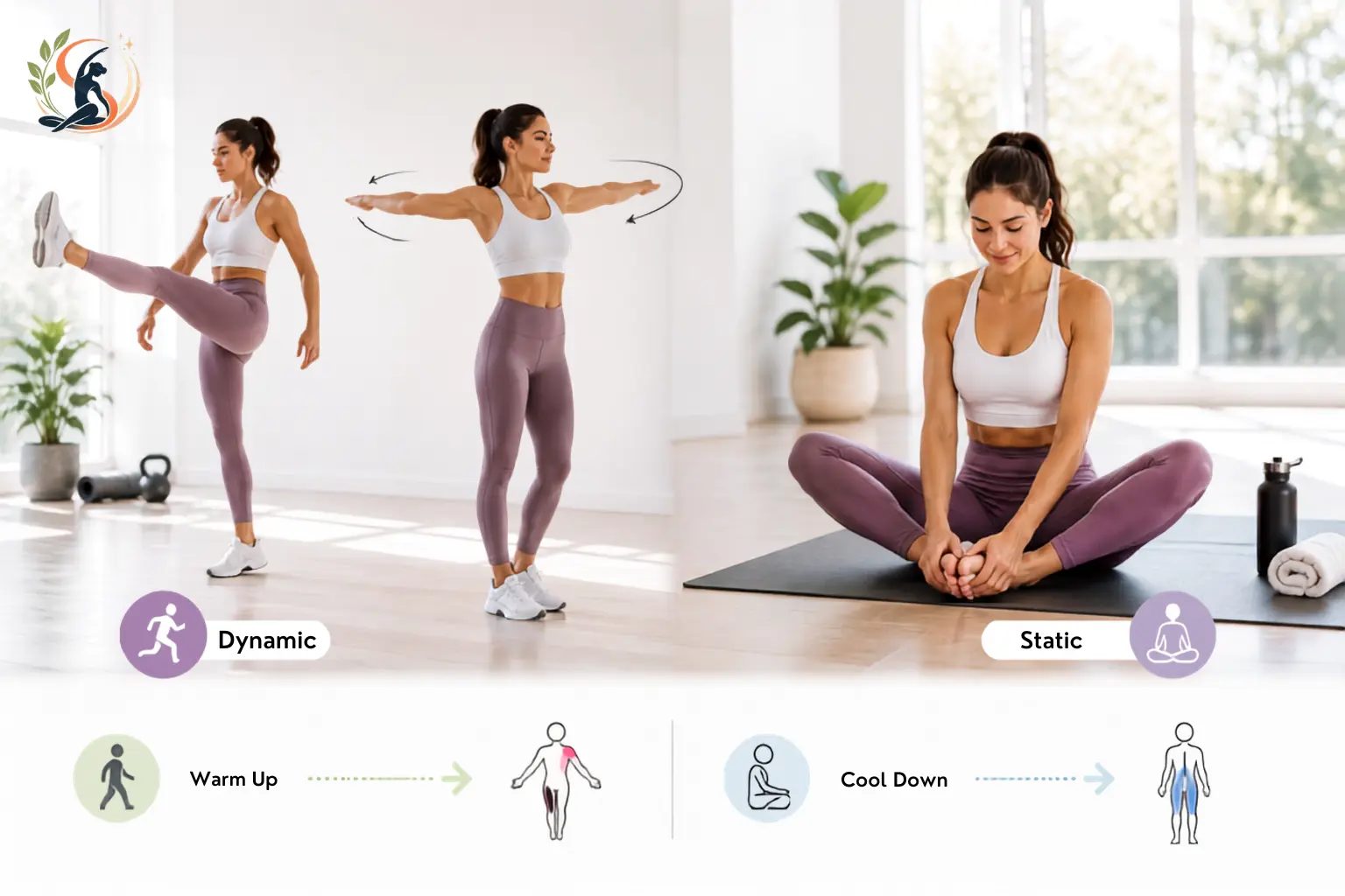 Woman demonstrating dynamic warm-up stretches and a seated butterfly stretch in a bright fitness studio, illustrating dynamic vs static stretching for improved flexibility and mobility.