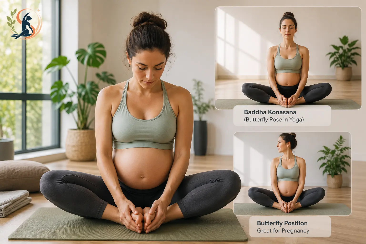 Butterfly yoga pose in Baddha Konasana showing proper posture and gentle hip-opening stretch