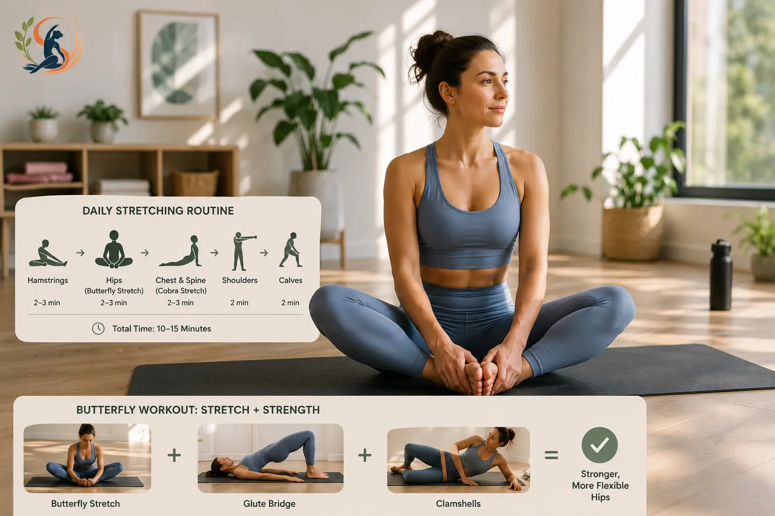 Beginner following a daily stretching routine with butterfly stretch and flexibility exercises in a bright home workout space