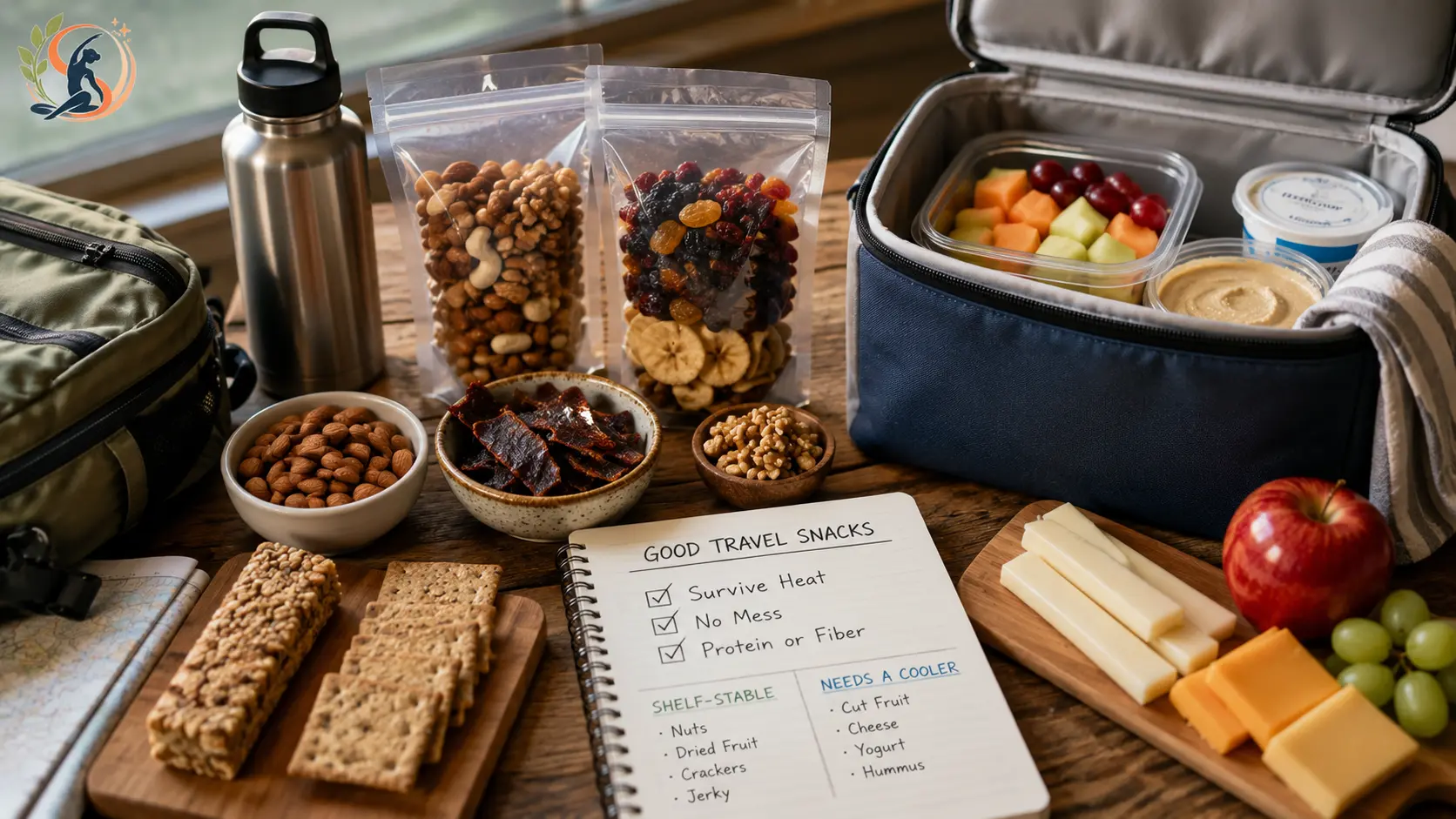 Healthy travel snacks with shelf-stable foods, cooler-packed fresh snacks and portable nutrition for road trips and travel.