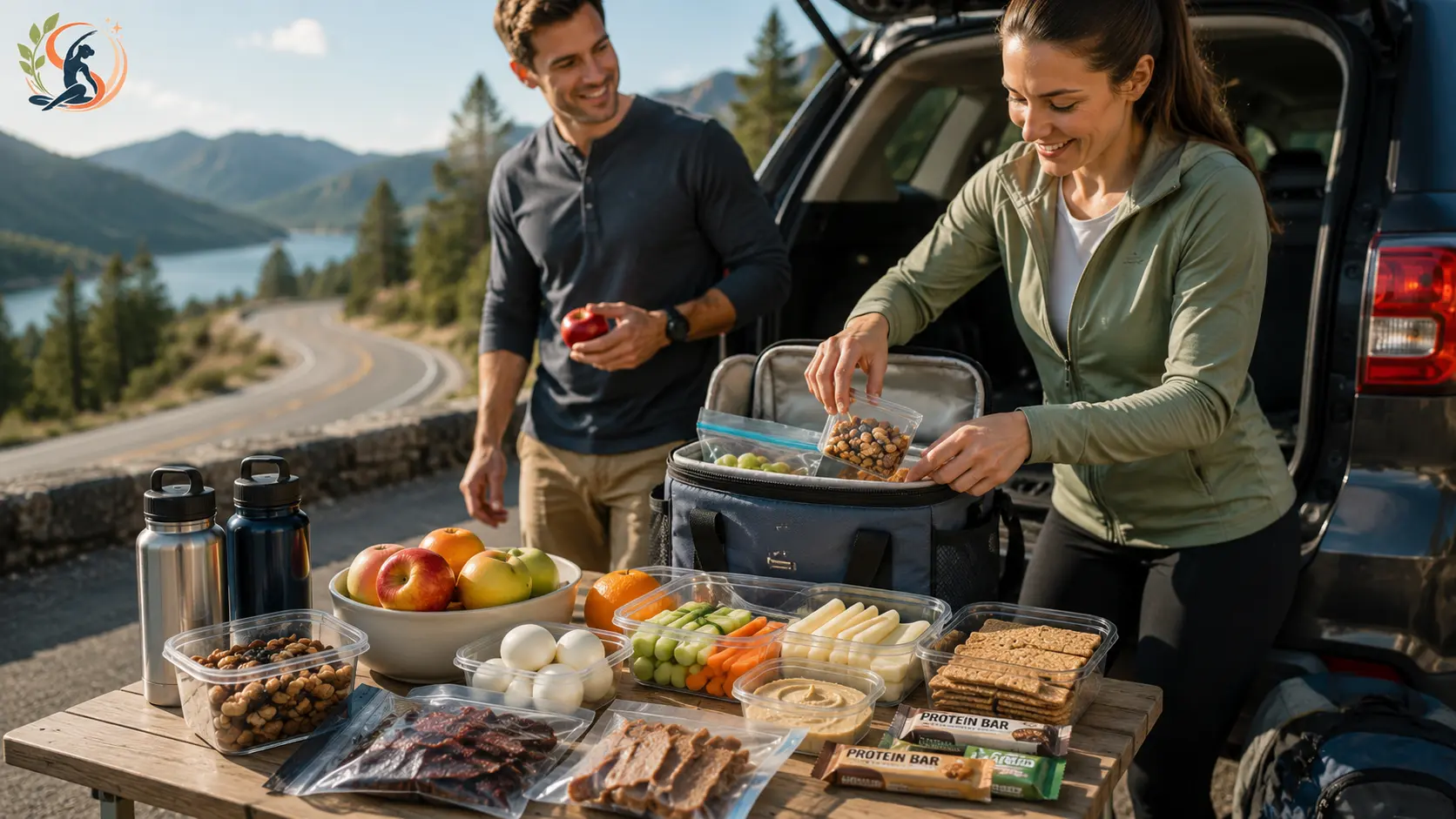 Healthy road trip snacks packed in individual portions with a cooler bag beside a car for a long drive.