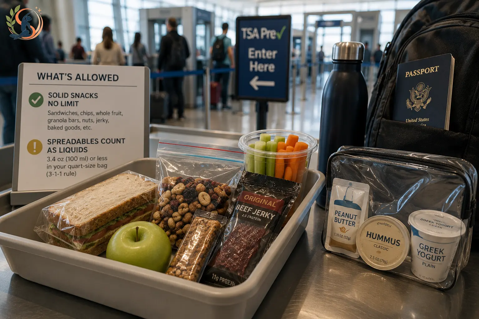 TSA-friendly healthy airplane snacks with solid foods, travel-size liquids and airport security screening before boarding.