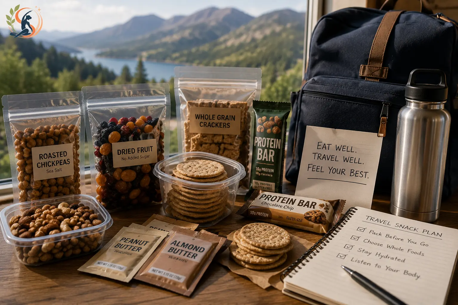 Non-perishable healthy travel snacks packed in a backpack with protein bars, dried fruit, roasted chickpeas, crackers, and nut butter for any trip.