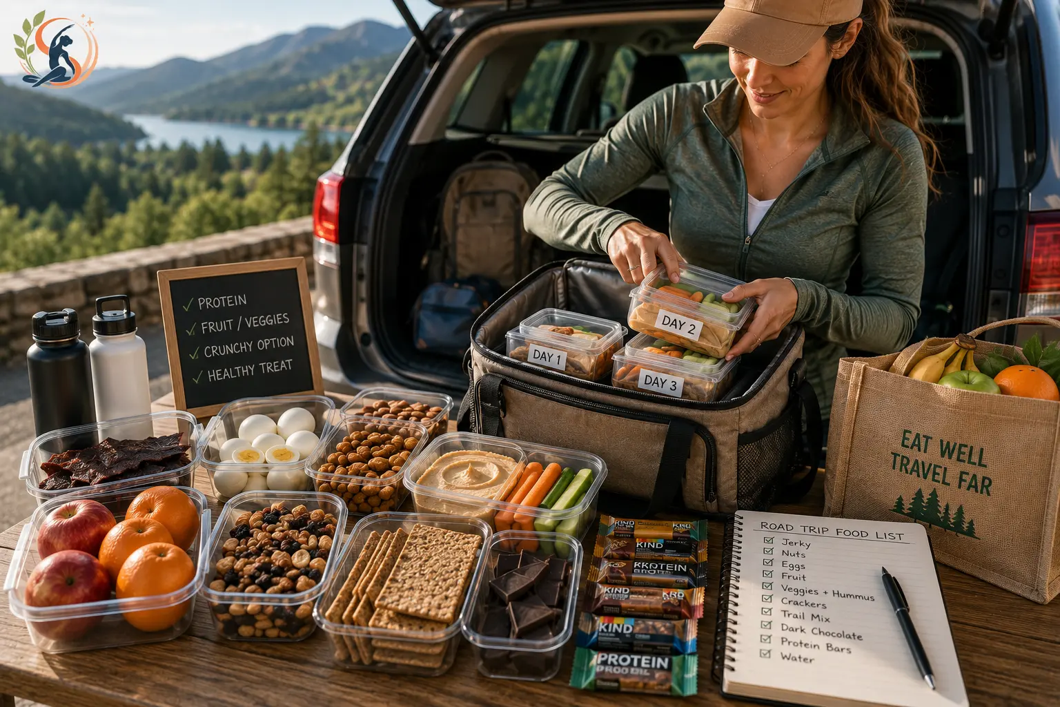 Healthy road trip food packing list with organized meal portions, cooler bag, fresh fruit, protein snacks, and travel meal planning for a long journey.