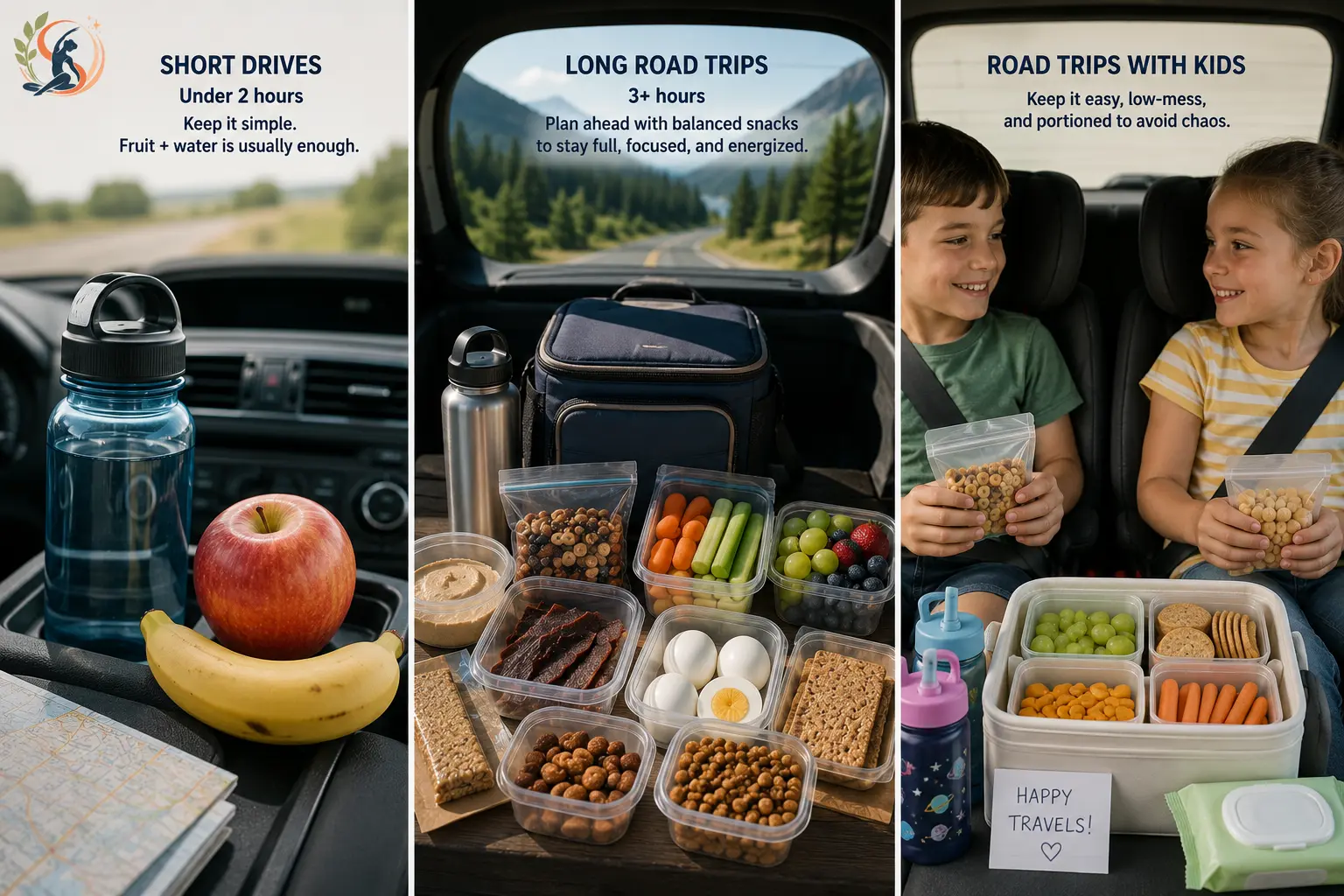 Healthy snack ideas for short drives, long road trips and family travel with organized, mess-free portions for every journey.