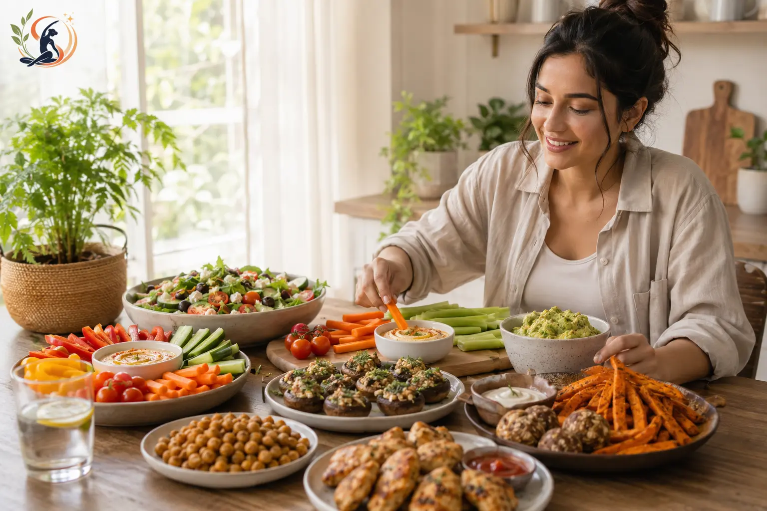 Party table with a mix of fried snacks and fresh vegetable platters