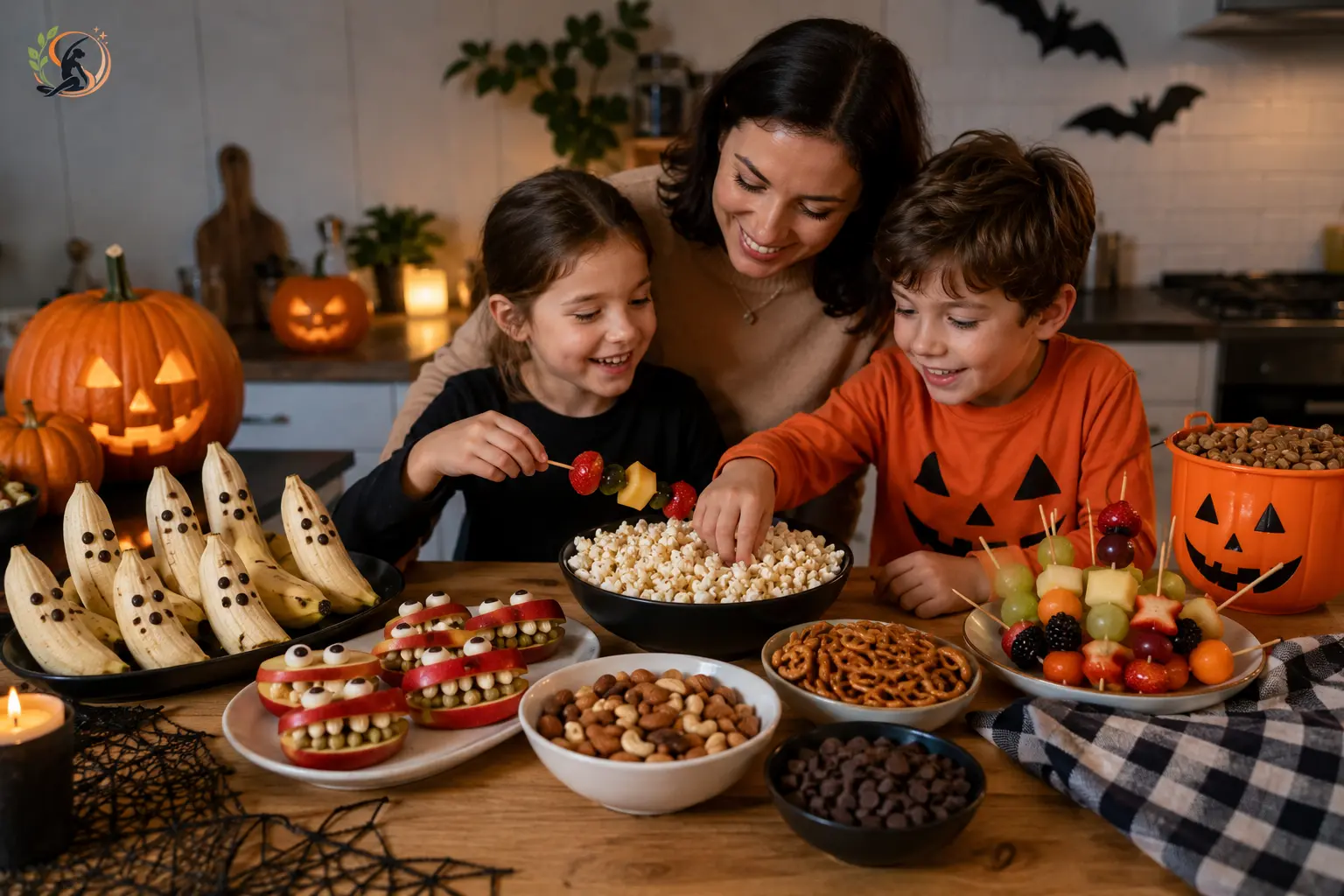 Fruit shaped like Halloween characters served as a healthy party treat