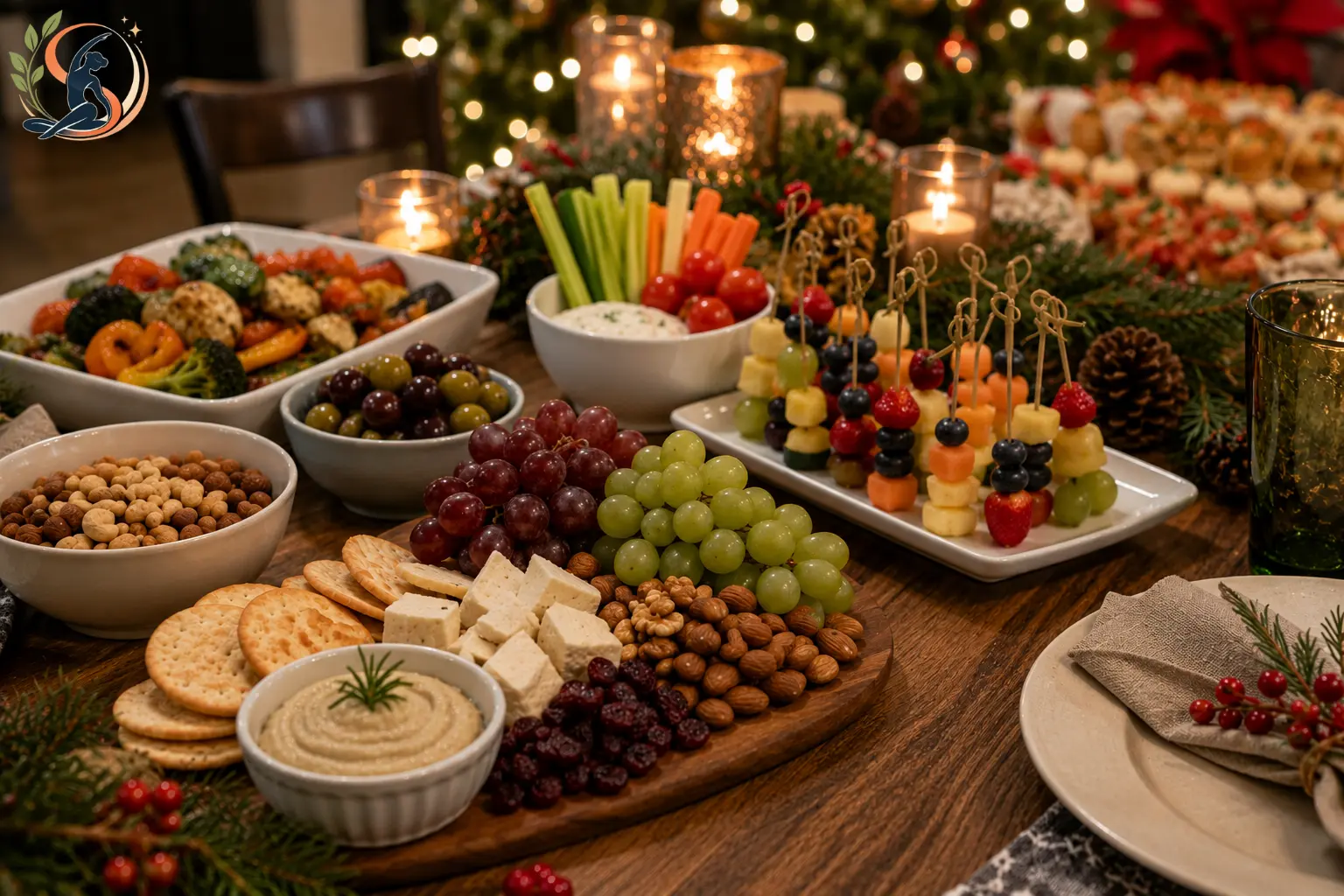 Festive holiday snack table with cheese fruit and vegetable skewers