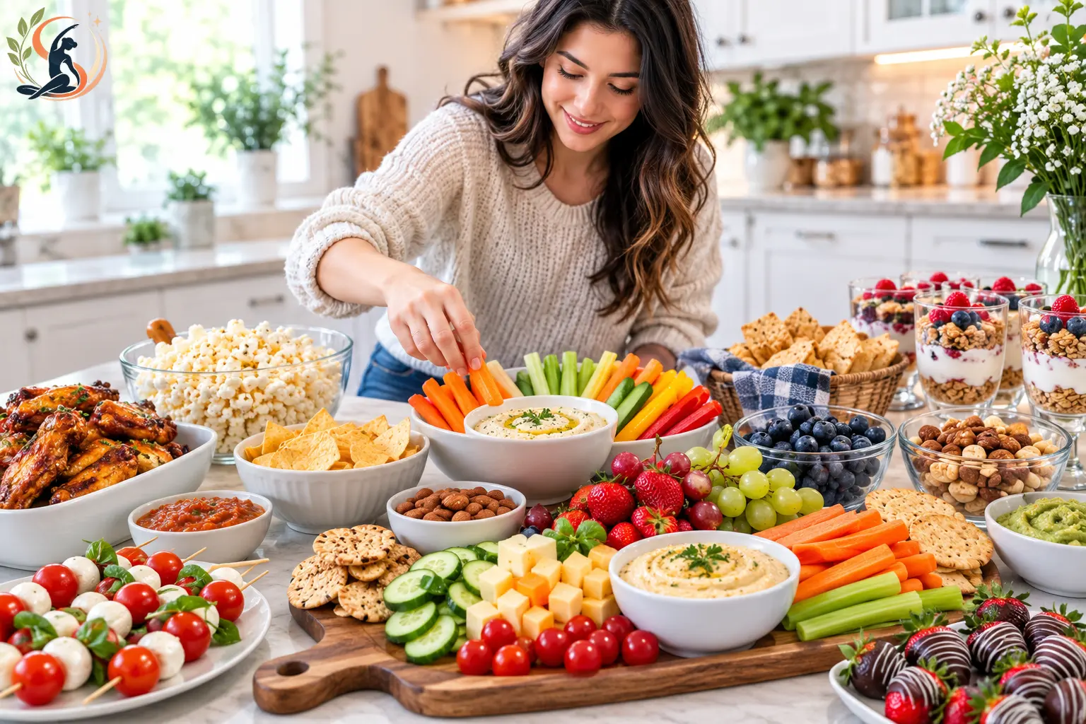 Untouched healthy snack tray sitting next to an empty chip bowl