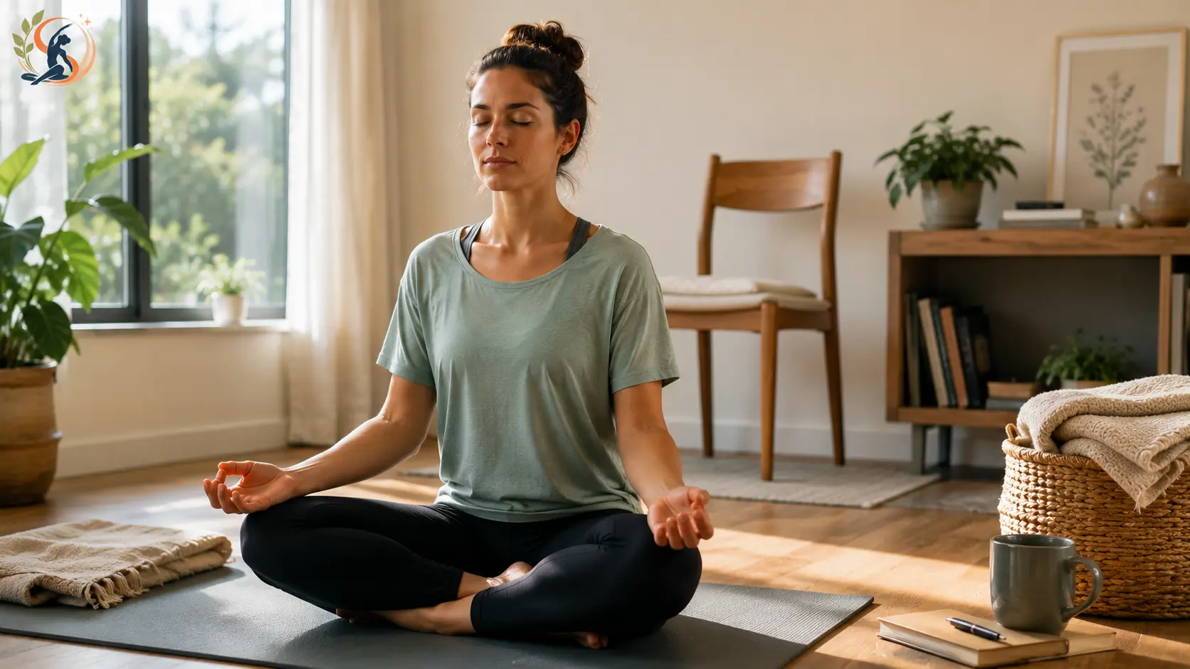 Beginner practicing mindful meditation with proper posture, relaxed breathing, and natural focus in a peaceful home setting.Beginner practicing mindful meditation with proper posture, relaxed breathing, and natural focus in a peaceful home setting.