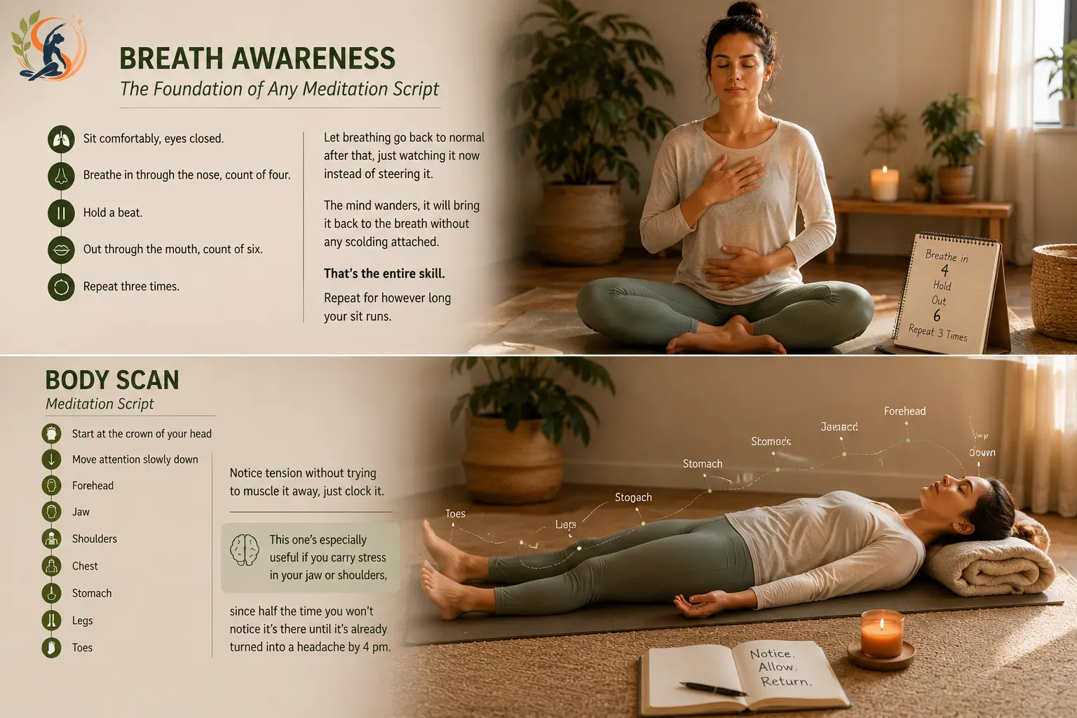 Beginner practicing guided meditation with mindful breathing and a full body scan in a peaceful home environment.