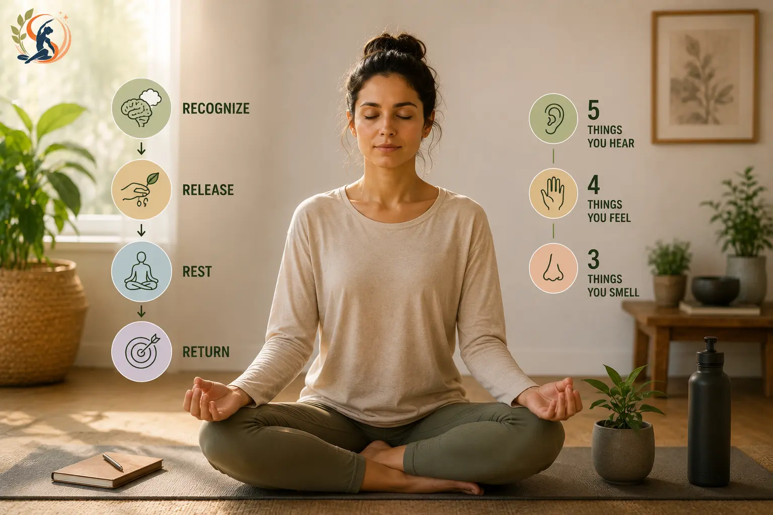Grounding meditation with the 4 Rs, mindful breathing, and sensory awareness for beginners.
