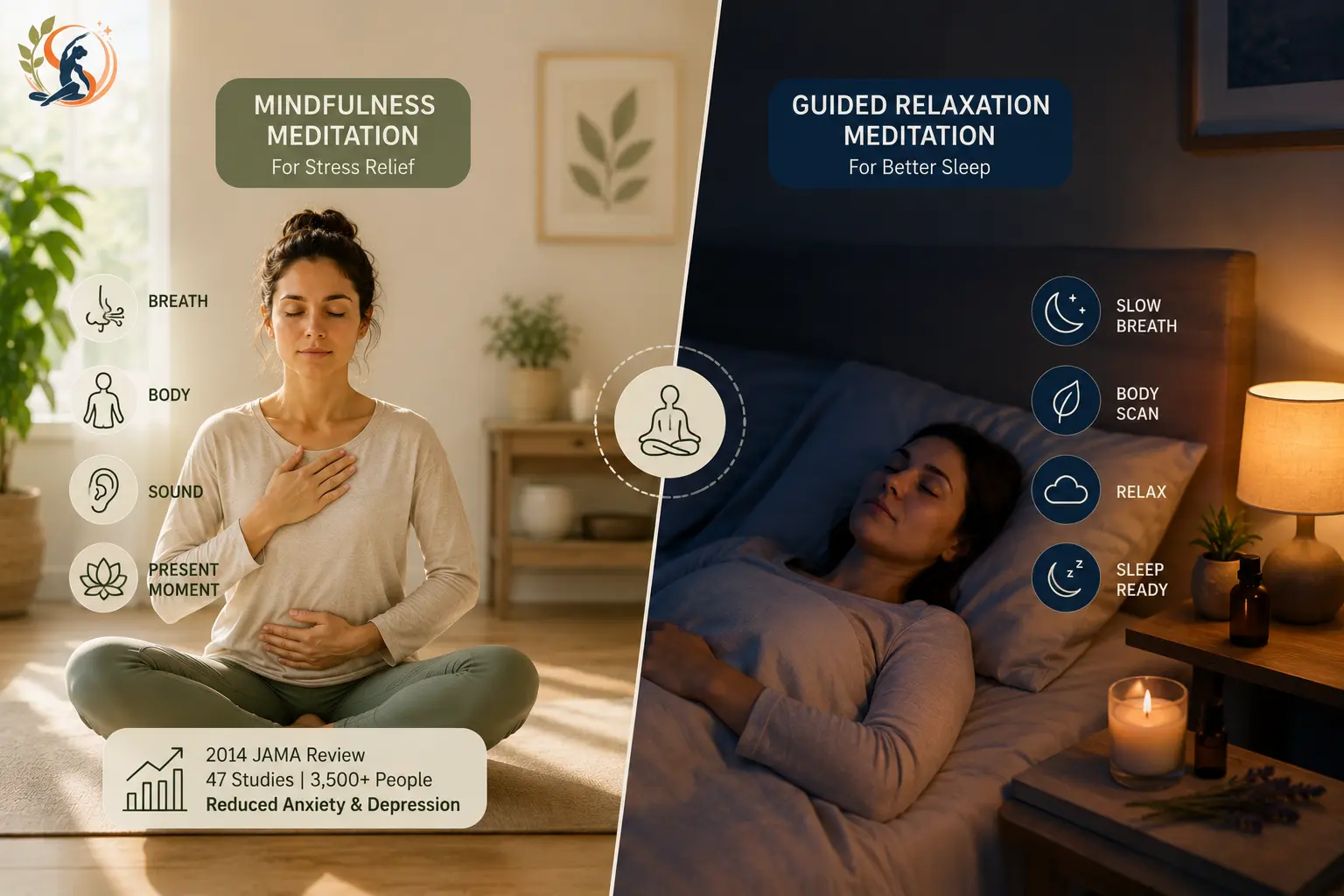 Mindfulness meditation for stress relief and guided relaxation meditation for better sleep in a calm wellness setting.