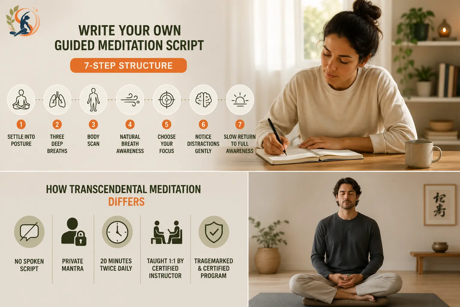 Writing a guided meditation script with a simple meditation flow and comparison to Transcendental Meditation.