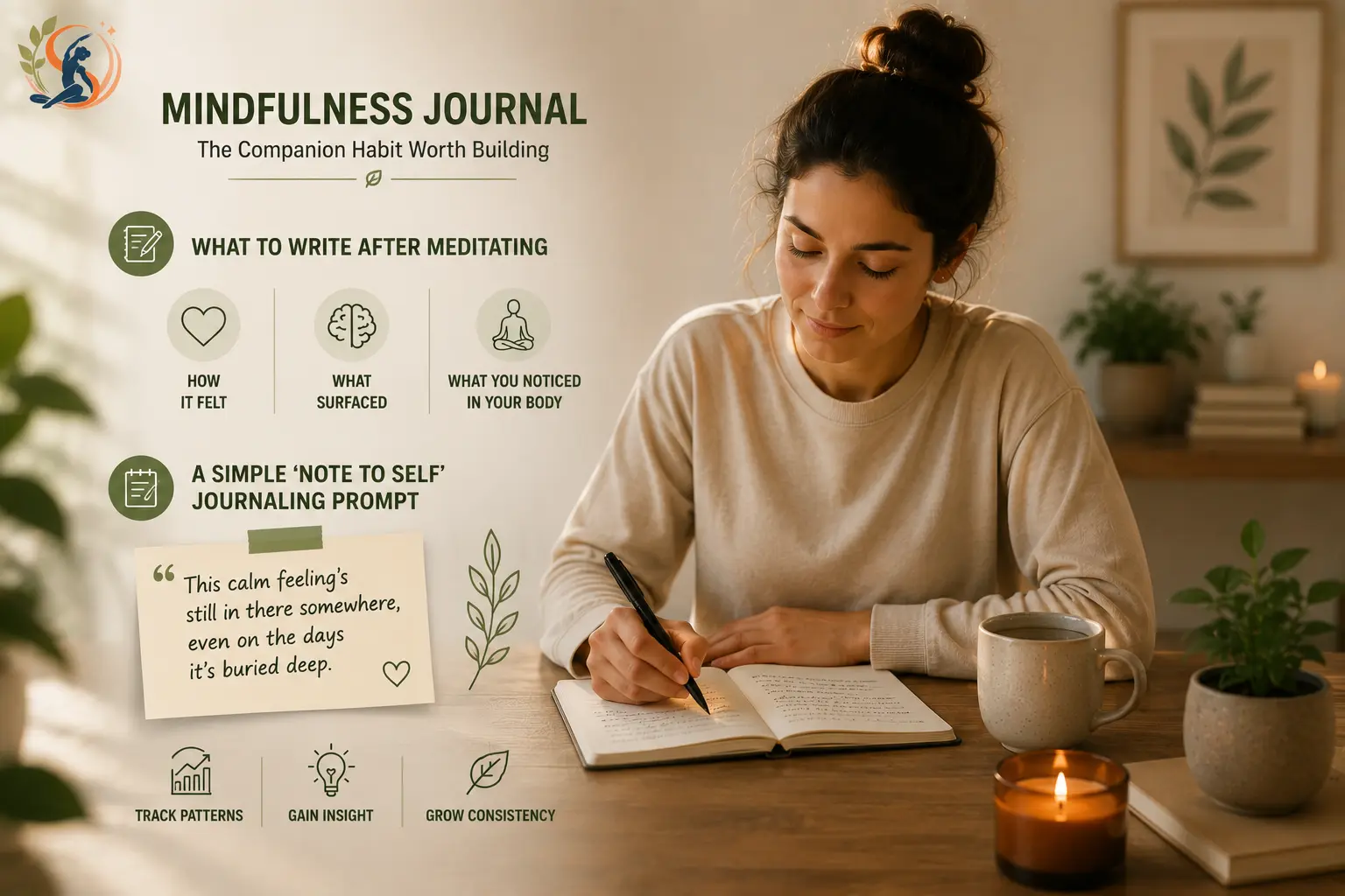 Mindfulness journal for reflecting after meditation with simple journaling prompts in a peaceful wellness setting.