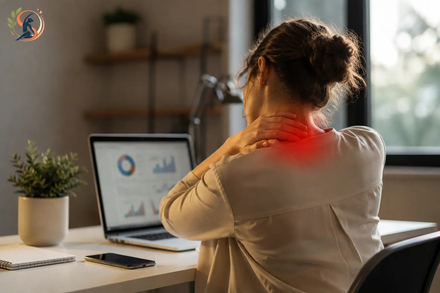 Woman at desk rubbing tight red highlighted neck and shoulder area while working on laptop