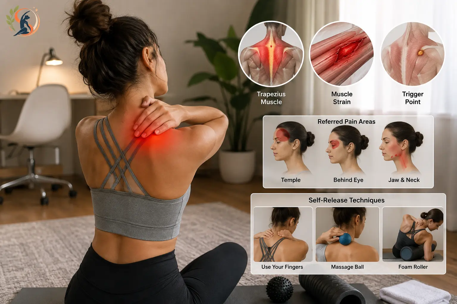 Diagram comparing trapezius muscle strain and trigger point with referred pain areas and self release techniques