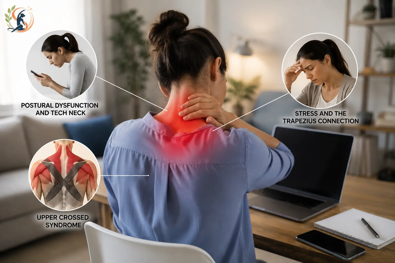 Woman with highlighted neck pain showing causes including tech neck stress and upper crossed syndrome