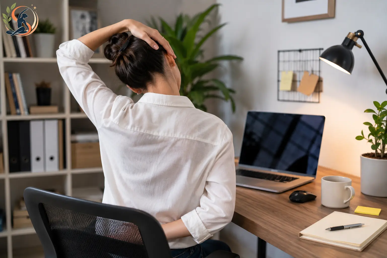 Woman doing an ear to shoulder trapezius stretch while sitting at her office desk