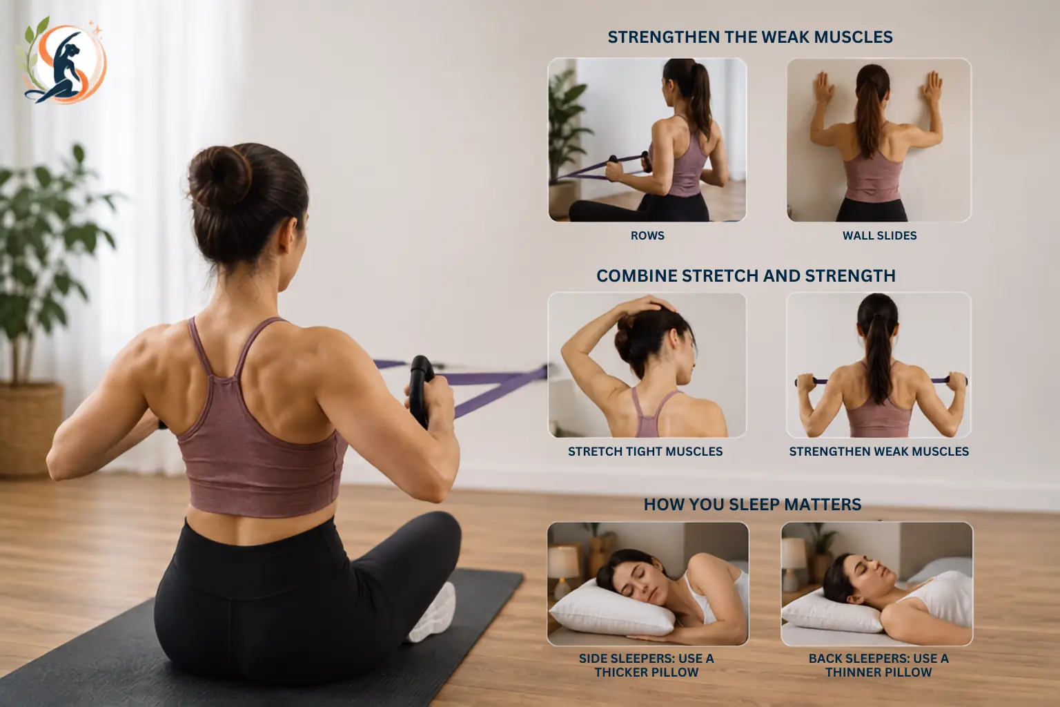 Woman performing resistance band rows and wall slides to strengthen shoulder and trapezius muscles