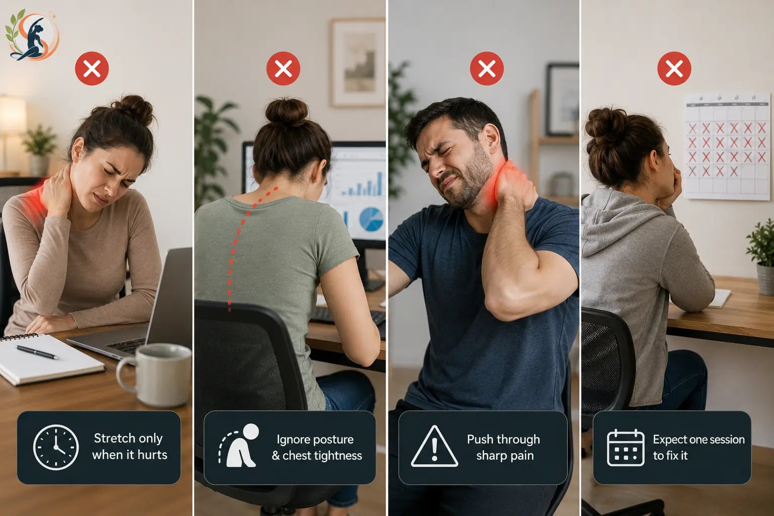 Four panel image showing common trapezius stretching mistakes like poor posture and pushing through pain