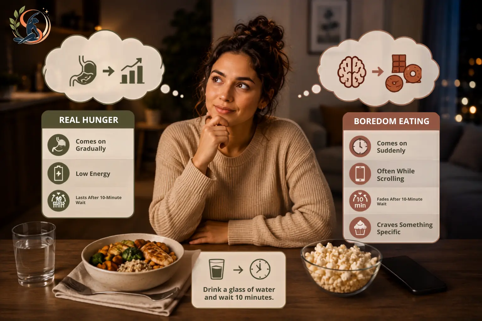 Real hunger versus boredom eating at night, showing gradual hunger, cravings, scrolling, hydration and a 10-minute pause.