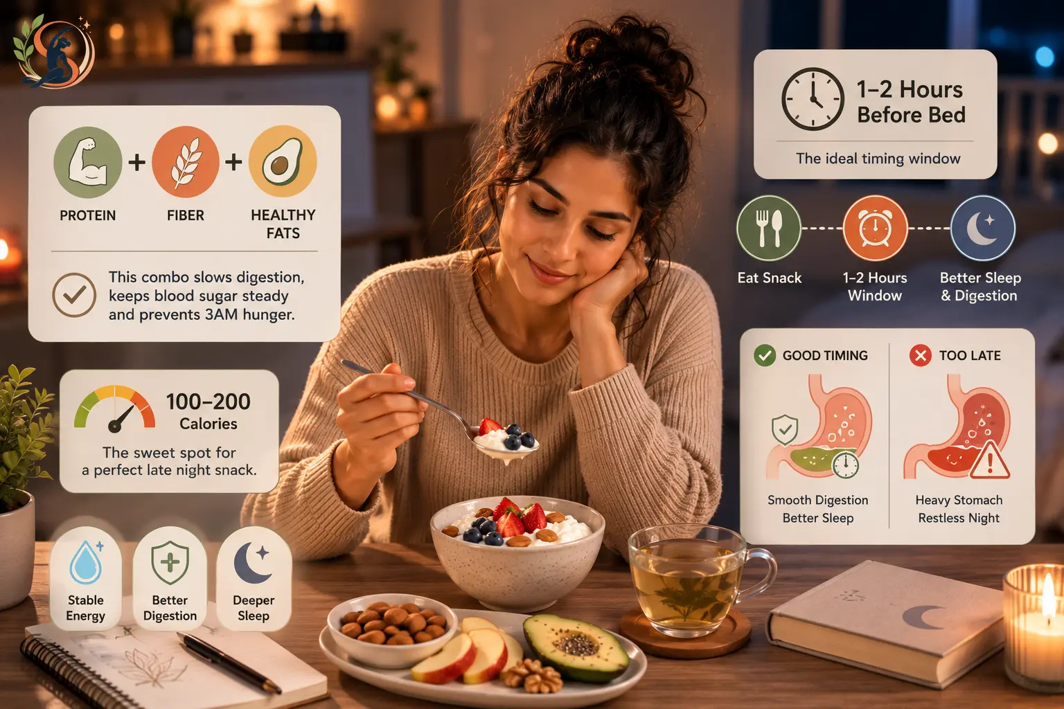 Late night snack with protein, fiber and healthy fats, showing balanced nutrition and eating 1–2 hours before bed.