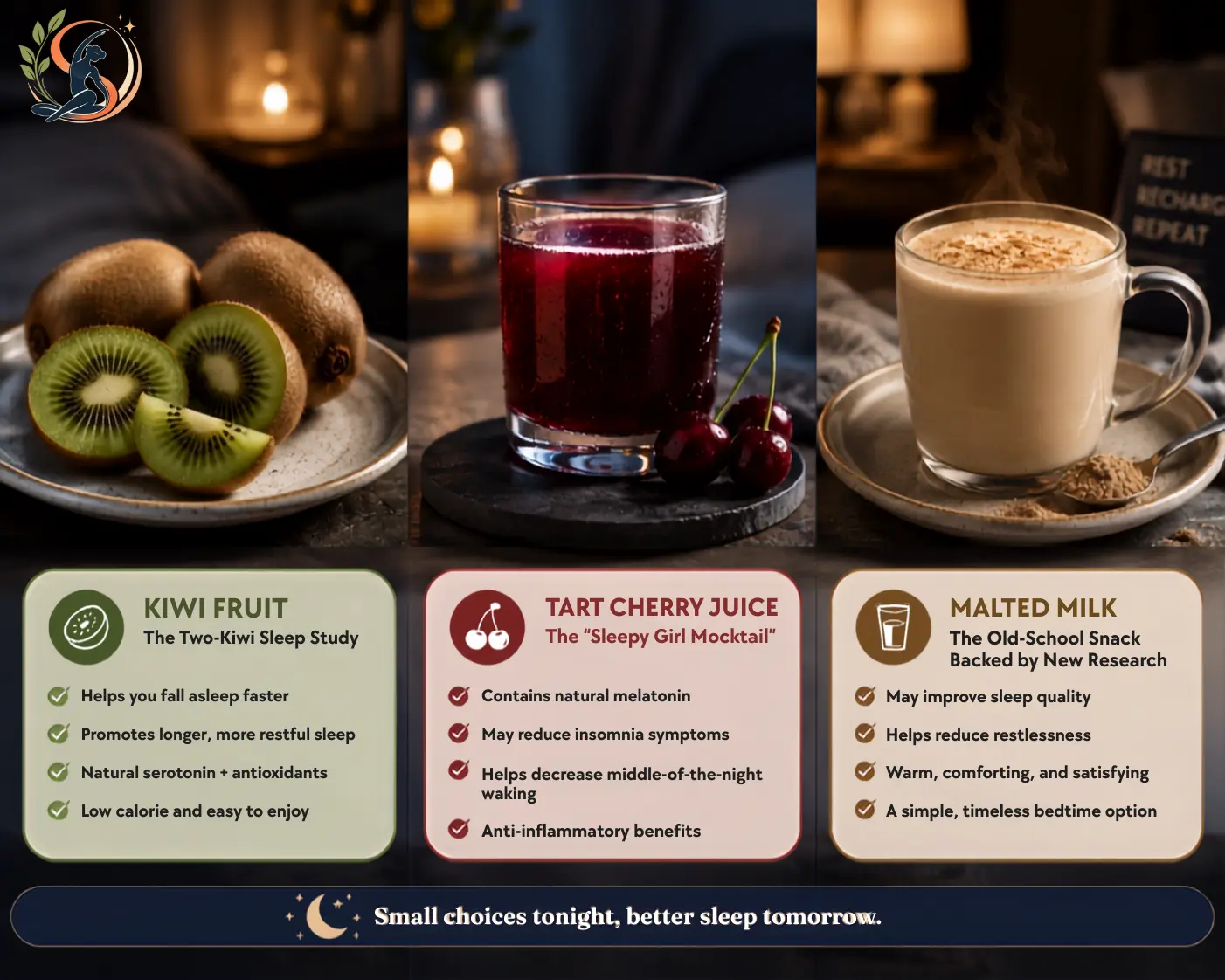 Research-backed bedtime snacks including kiwi, tart cherry juice and warm malted milk in a calm nighttime setting.