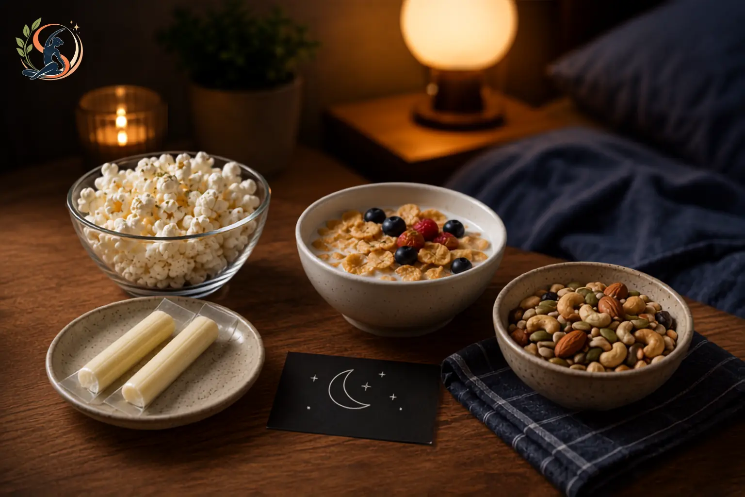 Quick healthy late night snacks including string cheese, popcorn, cereal with milk and mixed nuts for satisfying bedtime hunger.