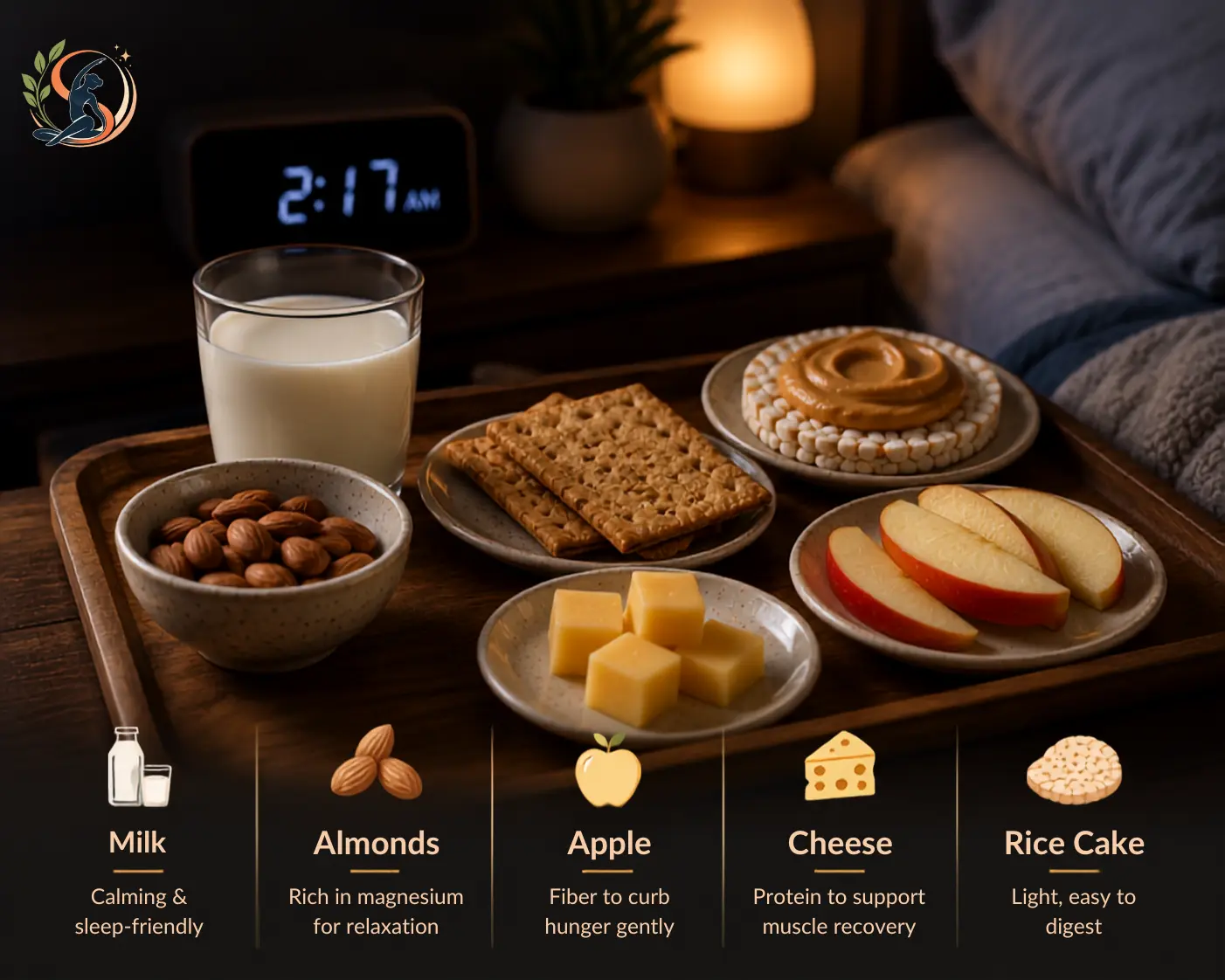 Healthy midnight snacks on a bedside tray with milk, almonds, whole grain crackers, rice cake with nut butter, apple slices and cheese in a cozy nighttime setting.