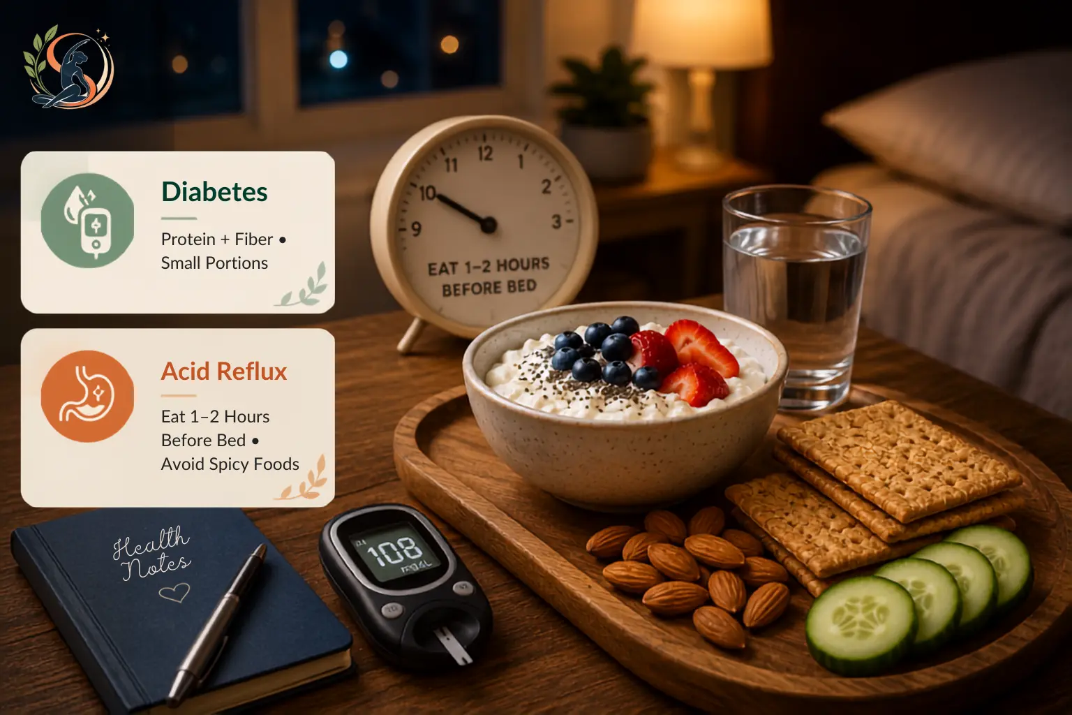 Healthy late night snack choices for people with diabetes or acid reflux, featuring balanced protein, fiber and reflux-friendly foods in a cozy evening setting.