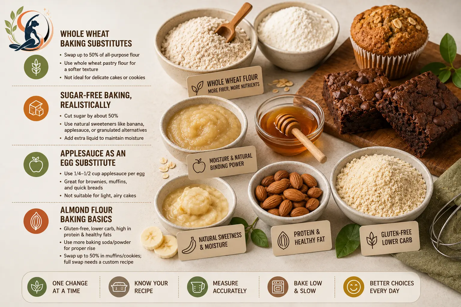 Infographic showing whole wheat flour sugar free baking applesauce and almond flour substitute basics