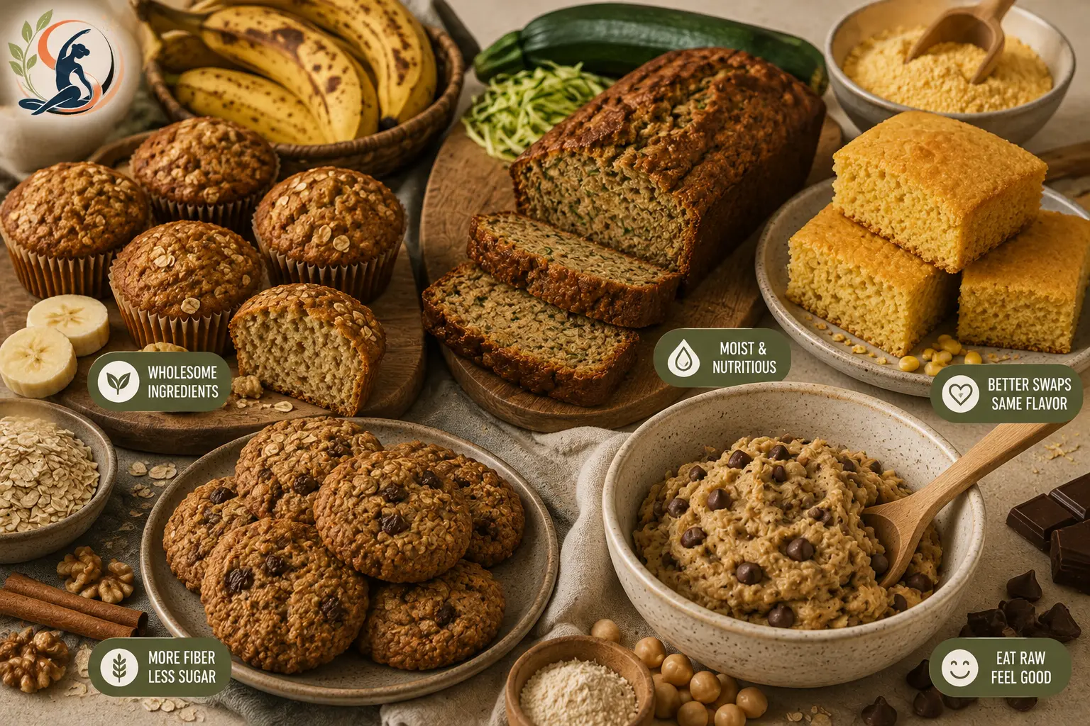 Banana muffins zucchini bread cornbread and oatmeal cookies made with wholesome ingredients
