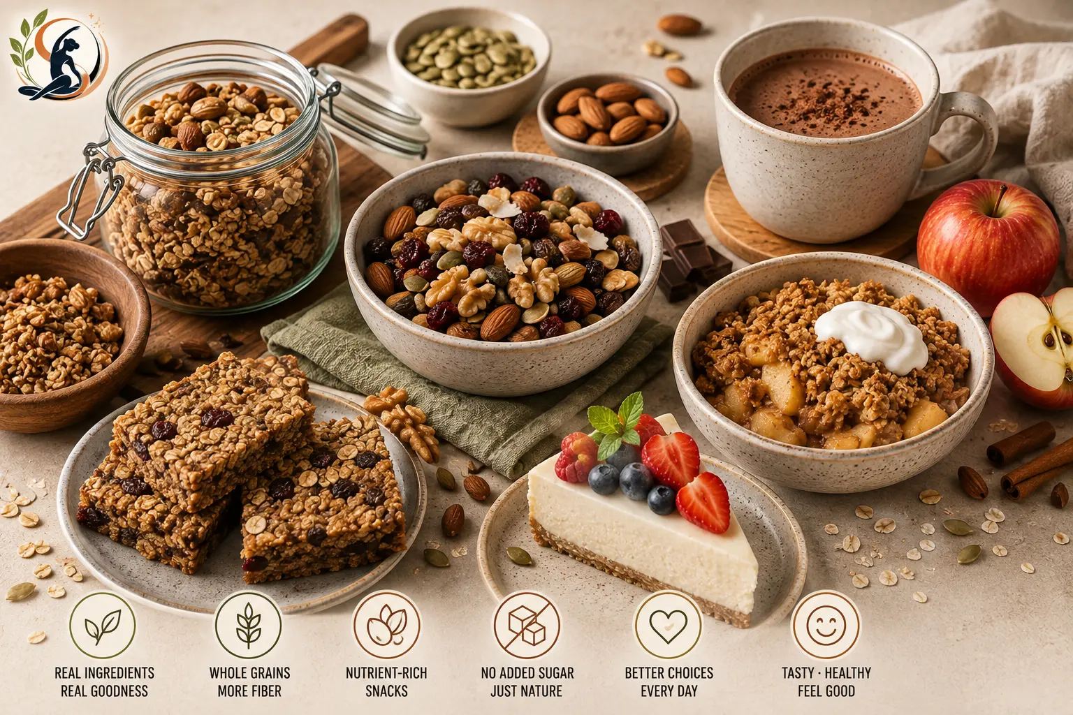 Granola bars trail mix apple crisp cheesecake and hot chocolate made with no added sugar