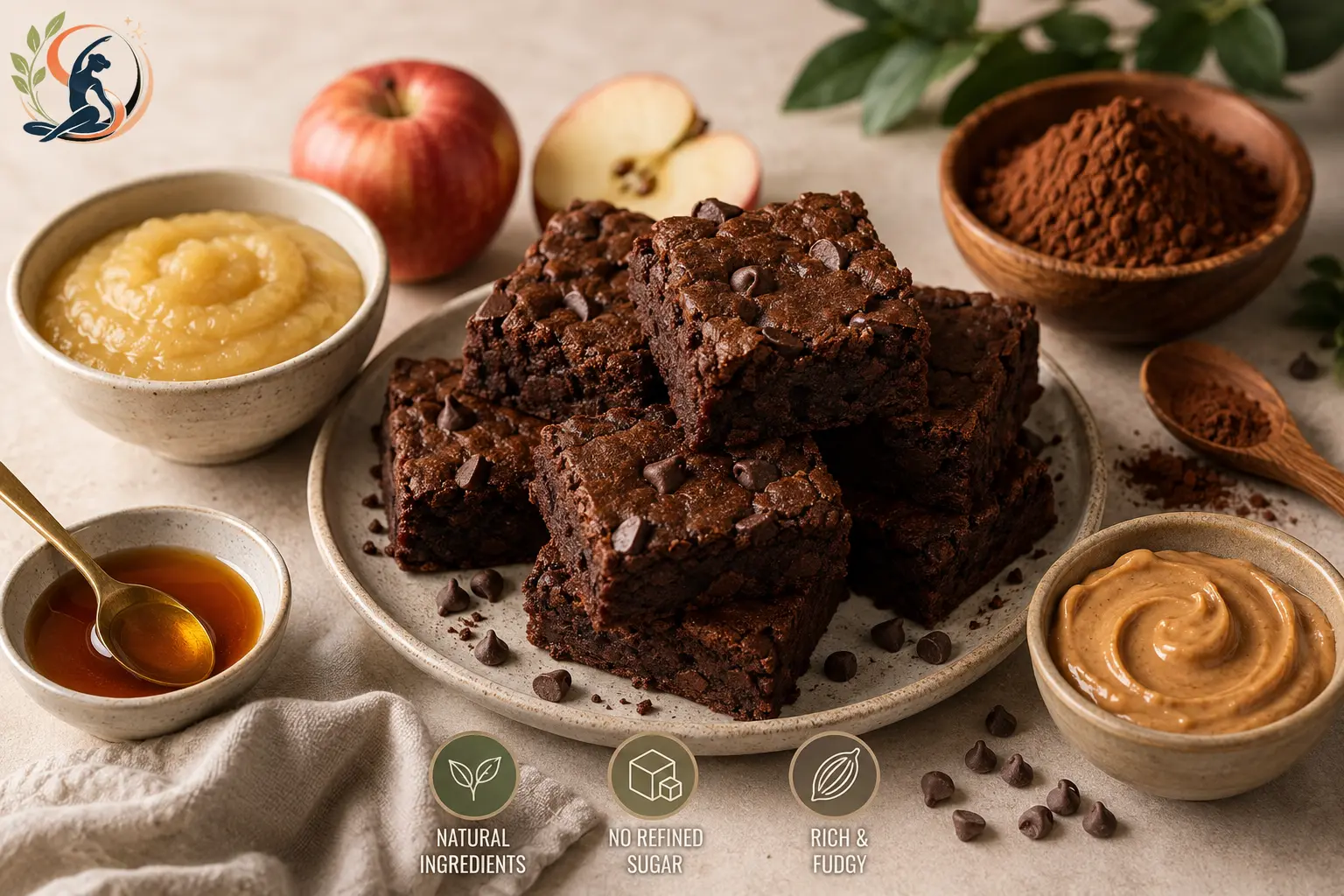 Stack of healthy fudgy brownies made with applesauce peanut butter cocoa and maple syrup