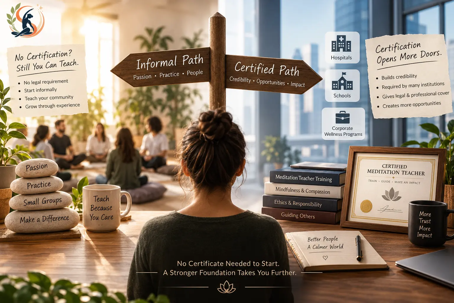 Meditation instructor studying certification requirements for teaching mindfulness