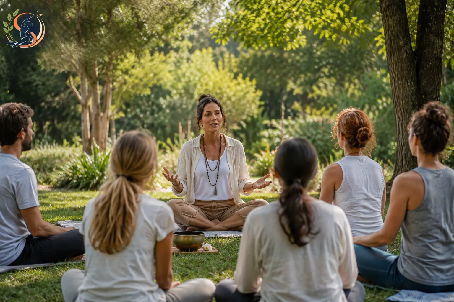Meditation teacher leading a peaceful mindfulness session for students