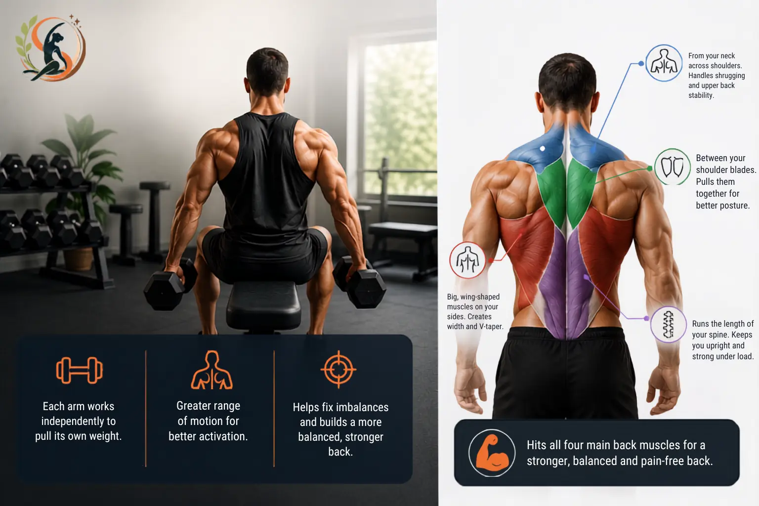 Dumbbell back workout showing a man training with dumbbells alongside an anatomical illustration highlighting the lats, traps, rhomboids and erector spinae.