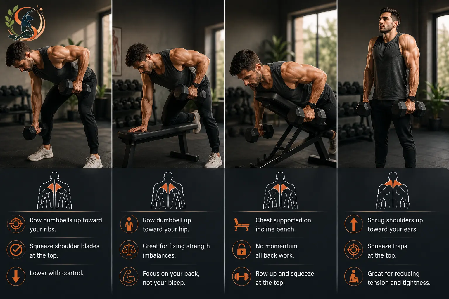 Four dumbbell back exercises demonstrated in a gym: bent-over row, one-arm dumbbell row, chest-supported row, and dumbbell shrug.