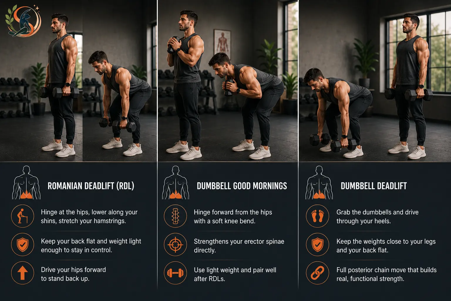 Three dumbbell lower-back exercises demonstrated in a gym: Romanian deadlift, dumbbell good morning, and dumbbell deadlift.