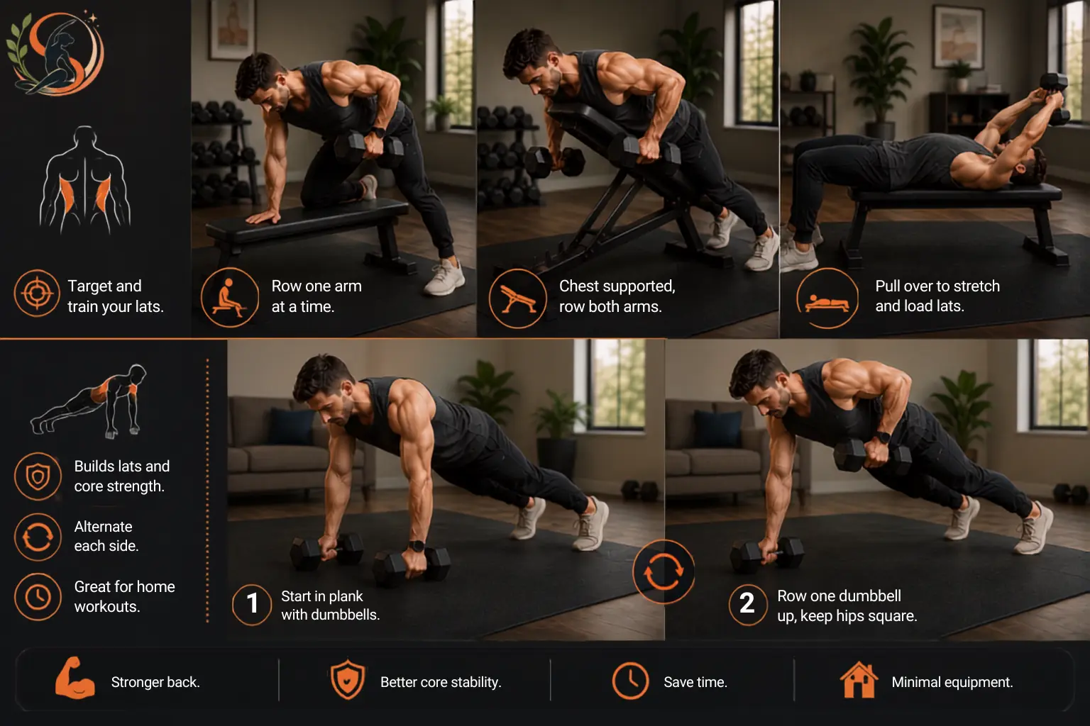 Dumbbell lat workout showing single-arm rows, chest-supported rows, dumbbell pullovers, and renegade rows for back and core strength.