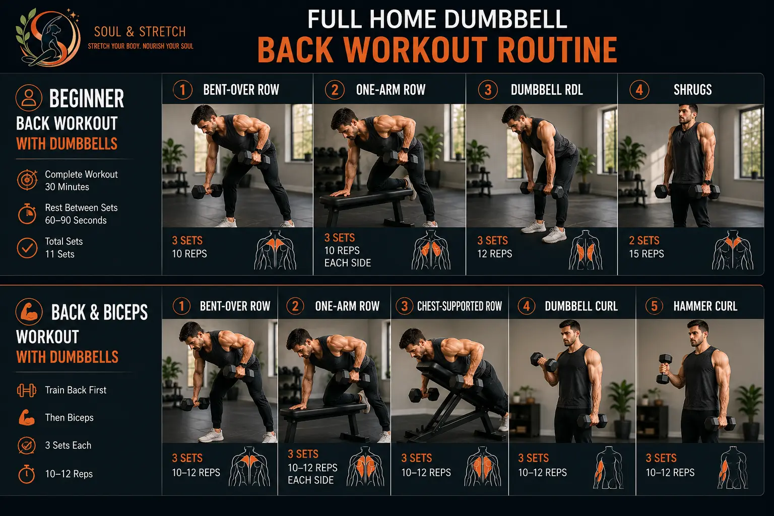 Home dumbbell back workout routine showing bent-over rows, one-arm rows, dumbbell RDLs, shrugs, chest-supported rows, dumbbell curls, and hammer curls with sets and reps.