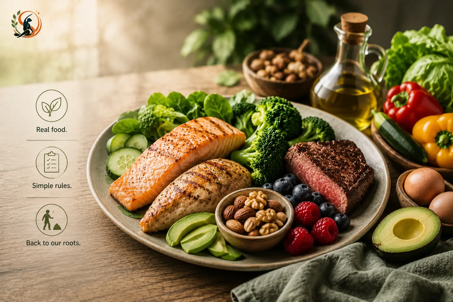 Paleo diet meal featuring grilled salmon, chicken, steak, vegetables, avocado, berries, nuts, eggs and olive oil, with simple paleo food icons.