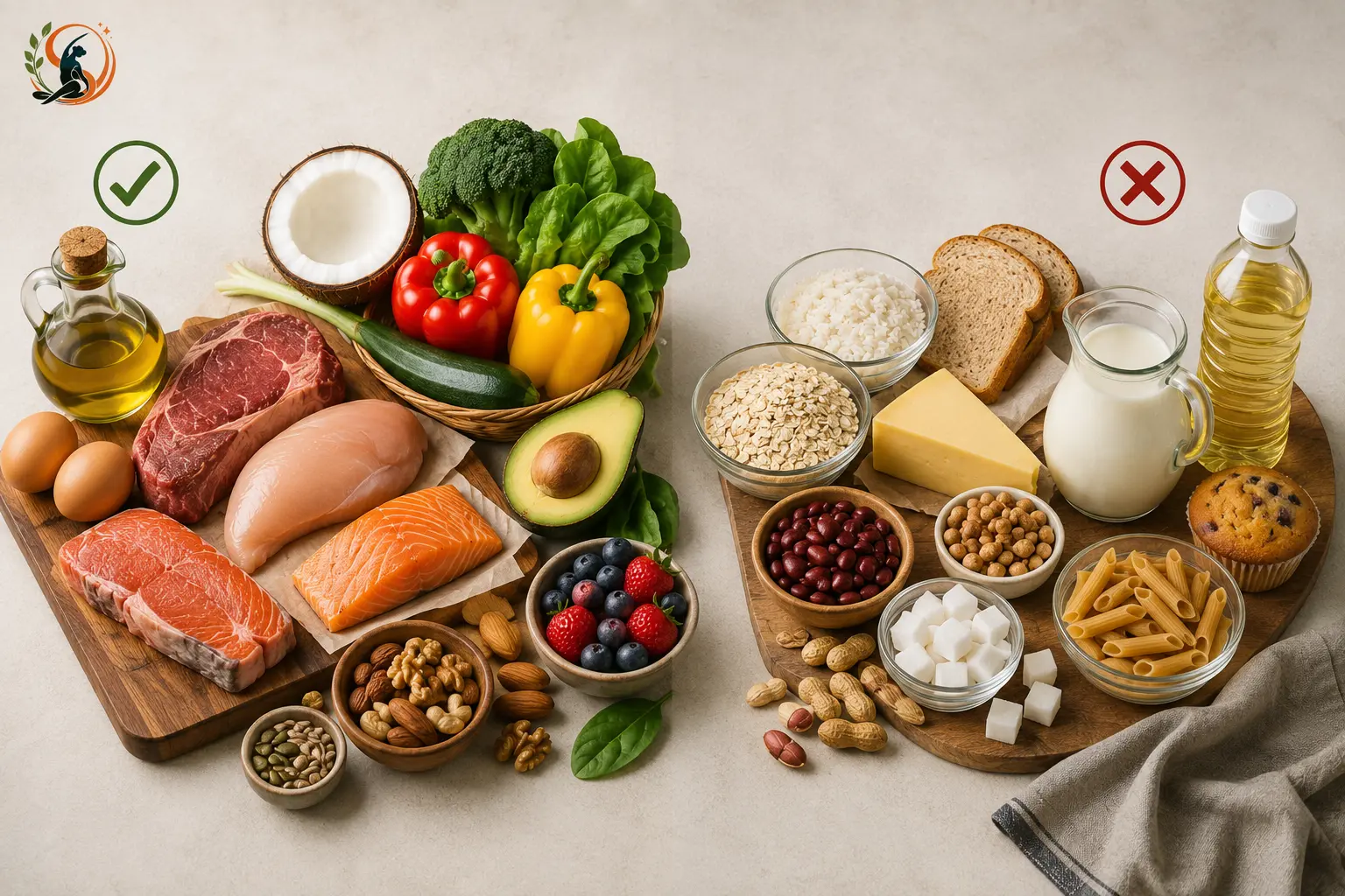 Paleo food comparison showing whole foods like meat, fish, eggs, vegetables, fruit, nuts and avocado versus grains, dairy, legumes, refined sugar and processed foods.