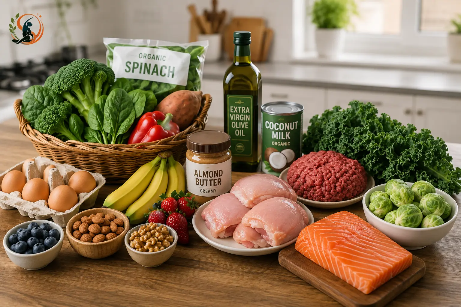 Paleo grocery list with chicken thighs, ground beef, salmon, eggs, spinach, broccoli, sweet potatoes, berries, bananas, almonds, walnuts, olive oil, coconut milk and almond butter