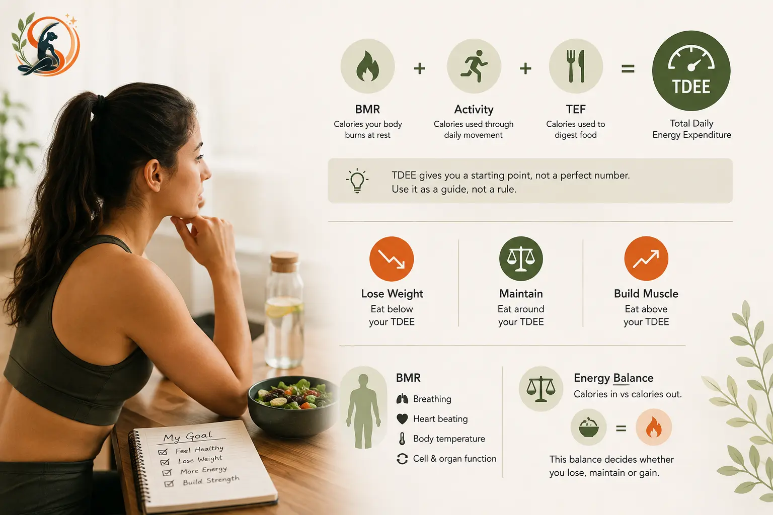 Woman planning her calorie needs with a TDEE guide showing BMR, daily activity, energy balance and calorie targets for weight loss, maintenance, or muscle gain.