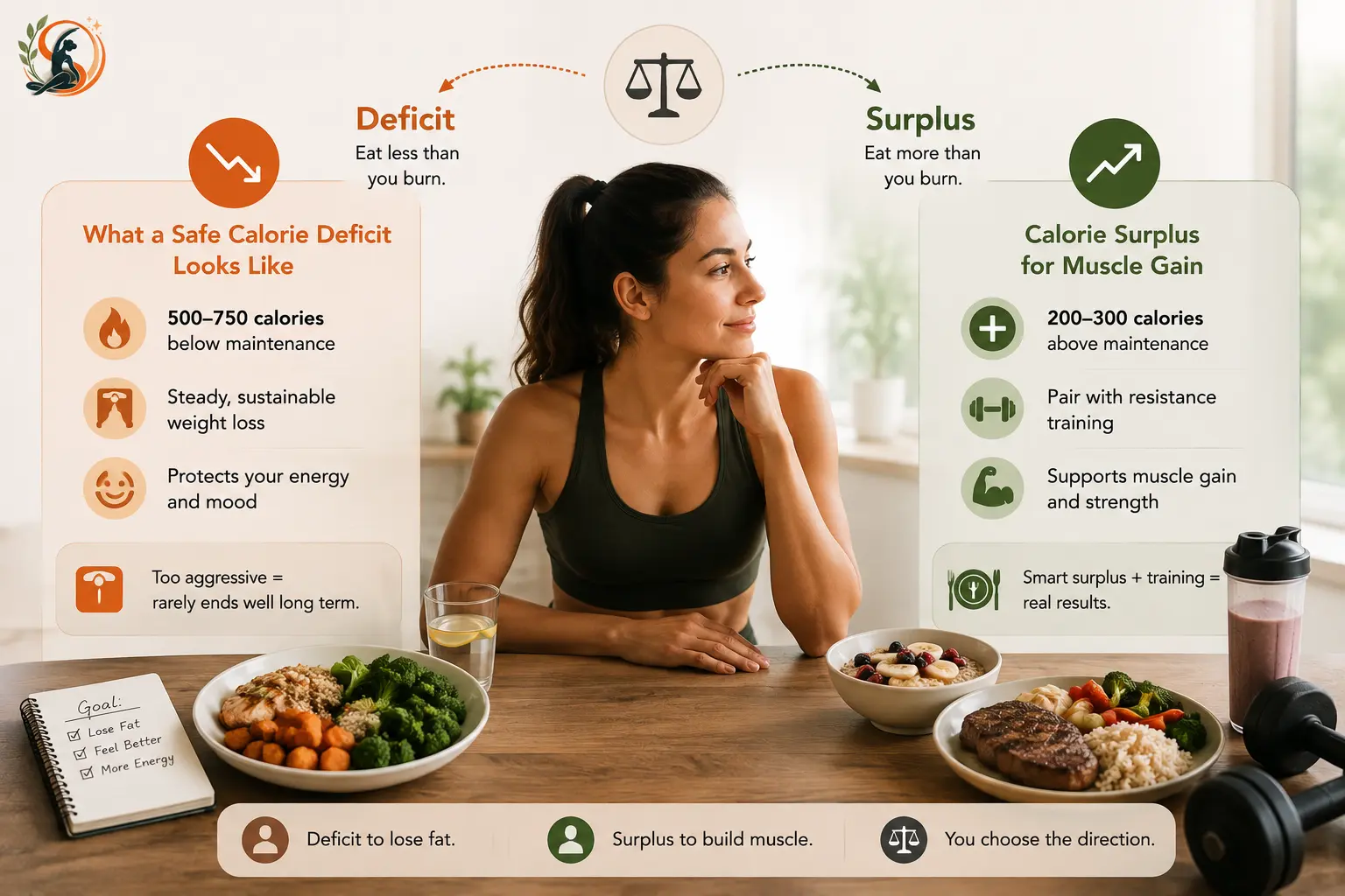 Calorie deficit and surplus comparison showing a 500–750 calorie deficit for weight loss and a 200–300 calorie surplus with resistance training for muscle gain.