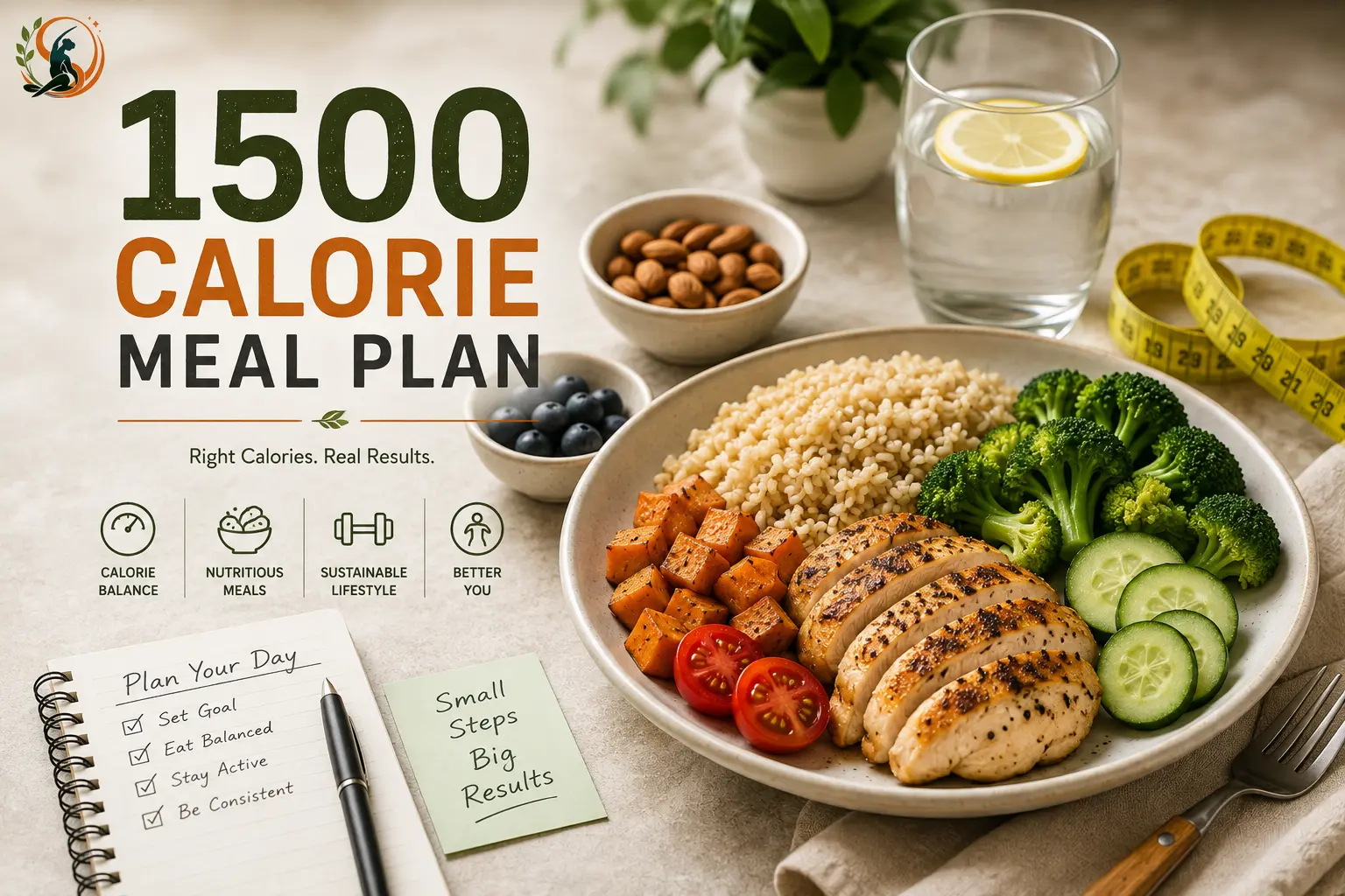 1500-calorie full-day meal plan showing a 350-calorie egg breakfast, 450-calorie chicken salad lunch, 500-calorie salmon dinner and 200-calorie snack options.